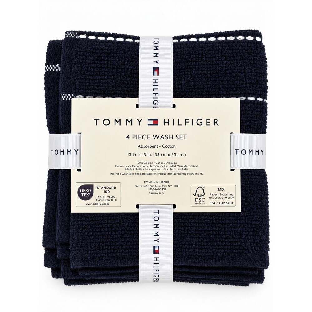 Tommy Hilfiger Logo Blue White 100% Cotton Set of 4 Washcloths Facecloths 13X13"